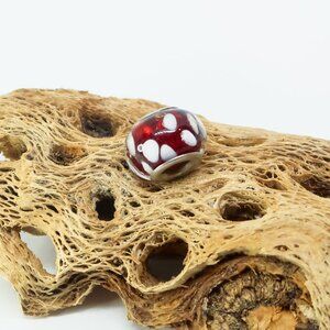 Red with White Polka Dots European Glass Charm Bead with Silver Core Center